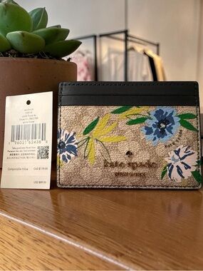 kate spade Navy and Beige Floral Card Holder with Blue Flowers